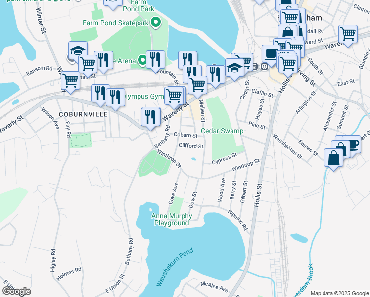 map of restaurants, bars, coffee shops, grocery stores, and more near 51 Mellen Street in Framingham