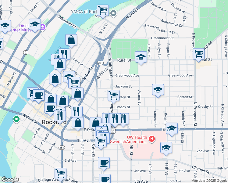 map of restaurants, bars, coffee shops, grocery stores, and more near 417 North Longwood Street in Rockford