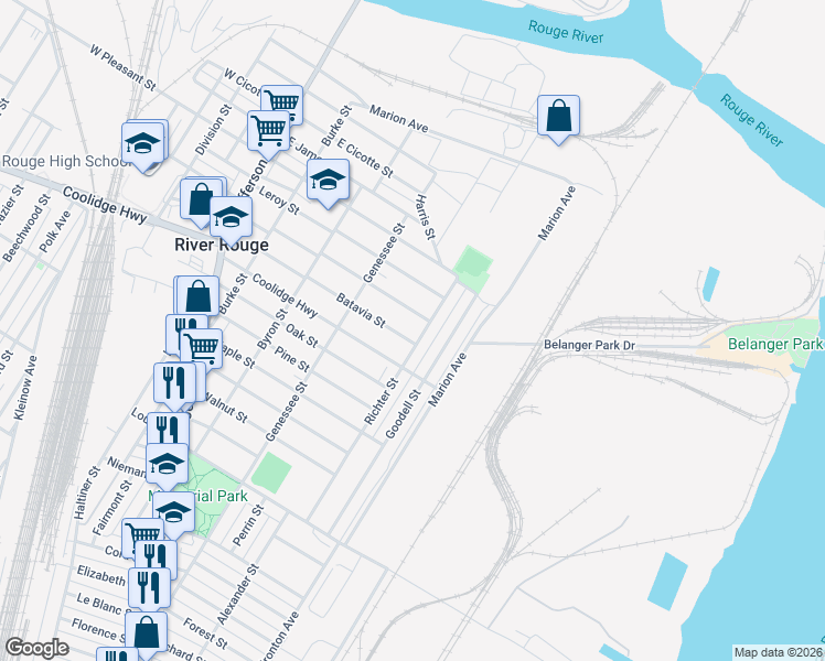 map of restaurants, bars, coffee shops, grocery stores, and more near in River Rouge
