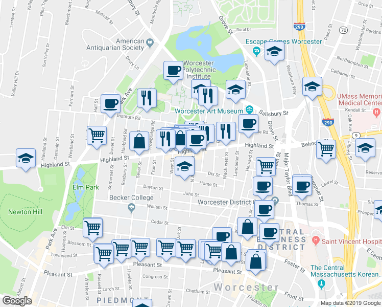 map of restaurants, bars, coffee shops, grocery stores, and more near 107 Highland Street in Worcester