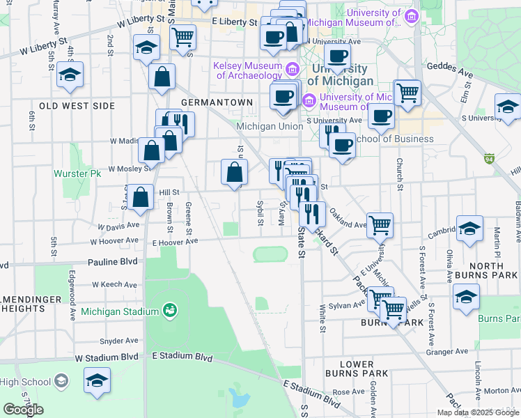 map of restaurants, bars, coffee shops, grocery stores, and more near Benjamin Street in Ann Arbor