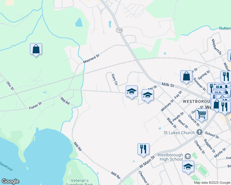 map of restaurants, bars, coffee shops, grocery stores, and more near 20 Fisher Street in Westborough