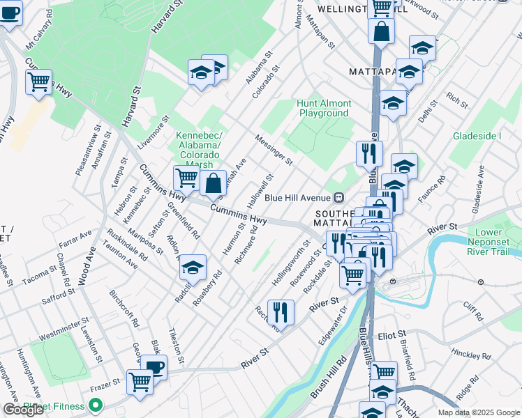 map of restaurants, bars, coffee shops, grocery stores, and more near 760 Cummins Highway in Boston
