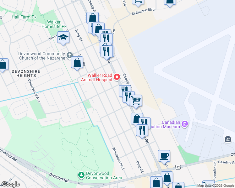 map of restaurants, bars, coffee shops, grocery stores, and more near 3600 Turner Road in Windsor