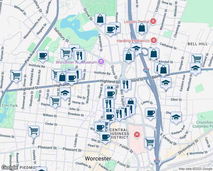 map of restaurants, bars, coffee shops, grocery stores, and more near 2 Main Street in Worcester