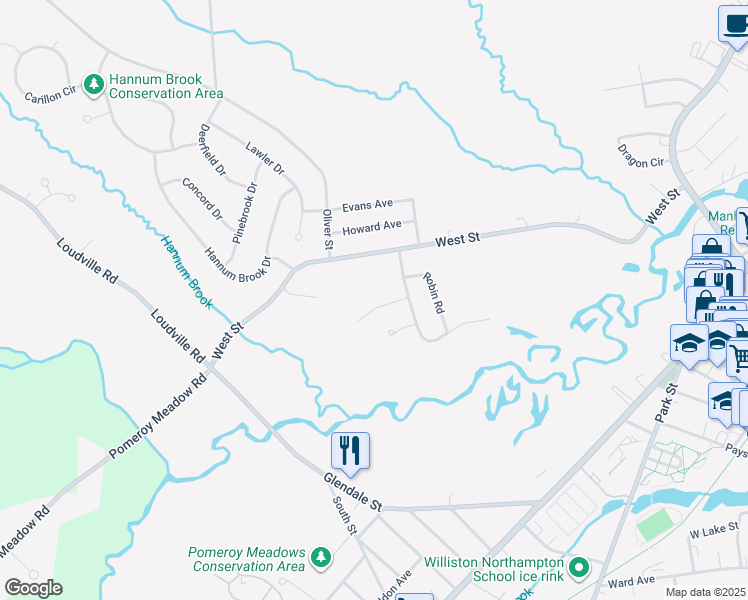 map of restaurants, bars, coffee shops, grocery stores, and more near 7 Oakridge Circle in Easthampton