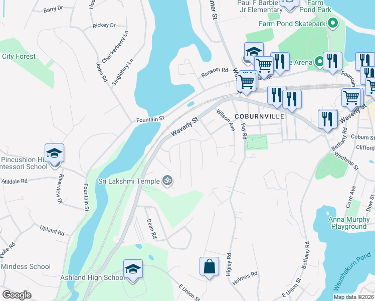 map of restaurants, bars, coffee shops, grocery stores, and more near 38 Vose Street in Framingham