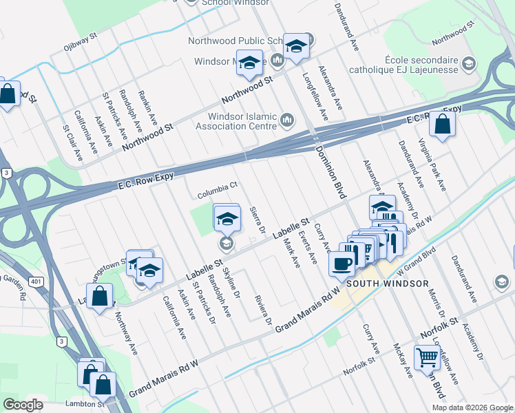 map of restaurants, bars, coffee shops, grocery stores, and more near in Windsor