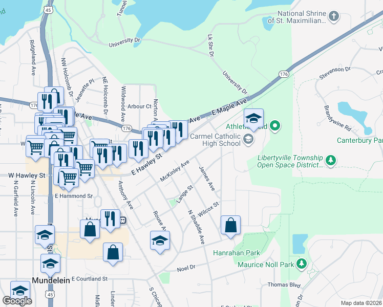 map of restaurants, bars, coffee shops, grocery stores, and more near 744 McKinley Avenue in Mundelein