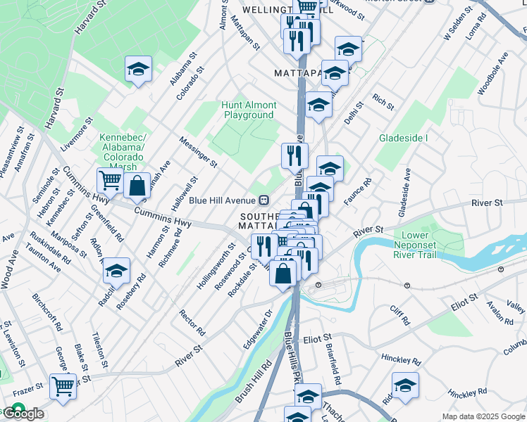 map of restaurants, bars, coffee shops, grocery stores, and more near 38 Regis Road in Boston