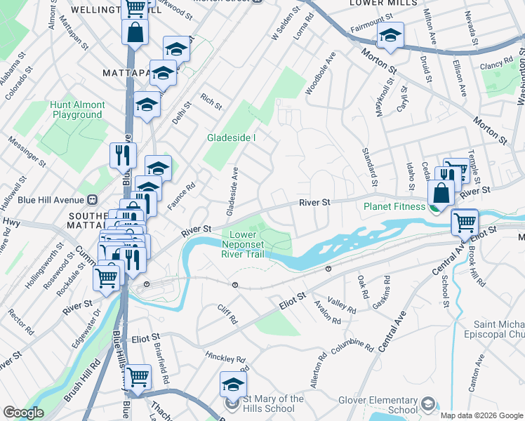 map of restaurants, bars, coffee shops, grocery stores, and more near River Street in Boston