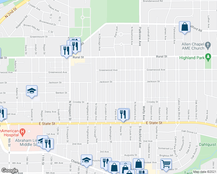 map of restaurants, bars, coffee shops, grocery stores, and more near 417 North London Avenue in Rockford