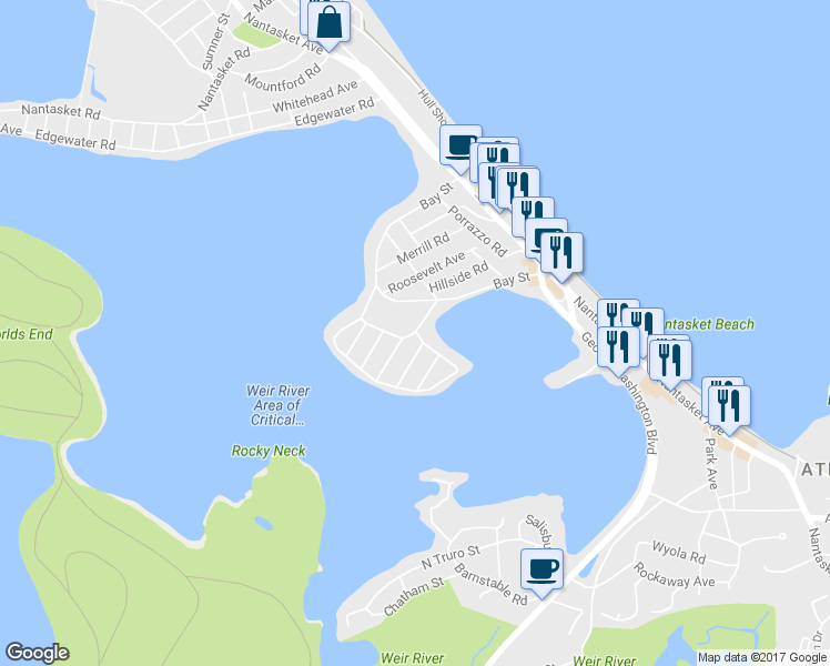 map of restaurants, bars, coffee shops, grocery stores, and more near 119 Hampton Circle in Hull