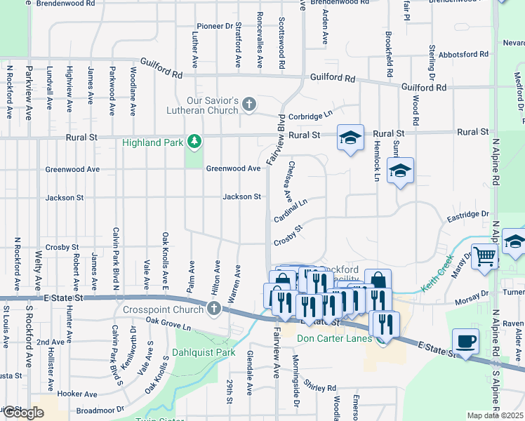 map of restaurants, bars, coffee shops, grocery stores, and more near 412 Fairview Boulevard in Rockford