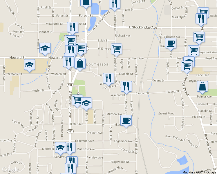 map of restaurants, bars, coffee shops, grocery stores, and more near 141 Dixie Ave in Kalamazoo