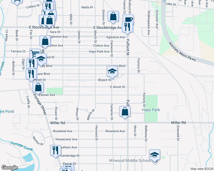 map of restaurants, bars, coffee shops, grocery stores, and more near 1509 East Alcott Street in Kalamazoo