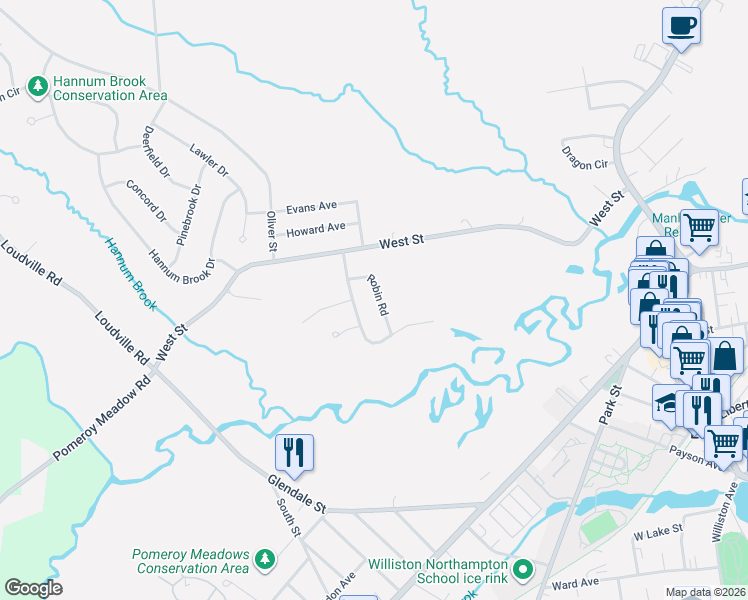 map of restaurants, bars, coffee shops, grocery stores, and more near 9 Robin Road in Easthampton