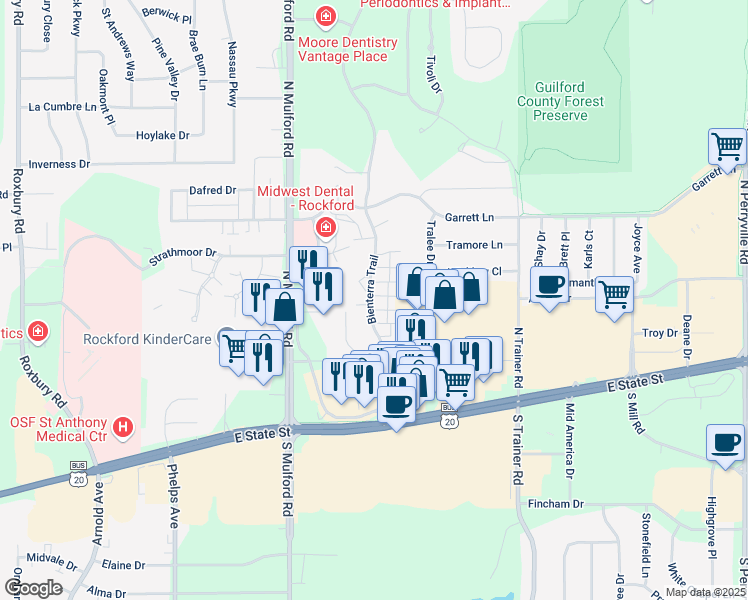 map of restaurants, bars, coffee shops, grocery stores, and more near 311 Bienterra Trail in Rockford