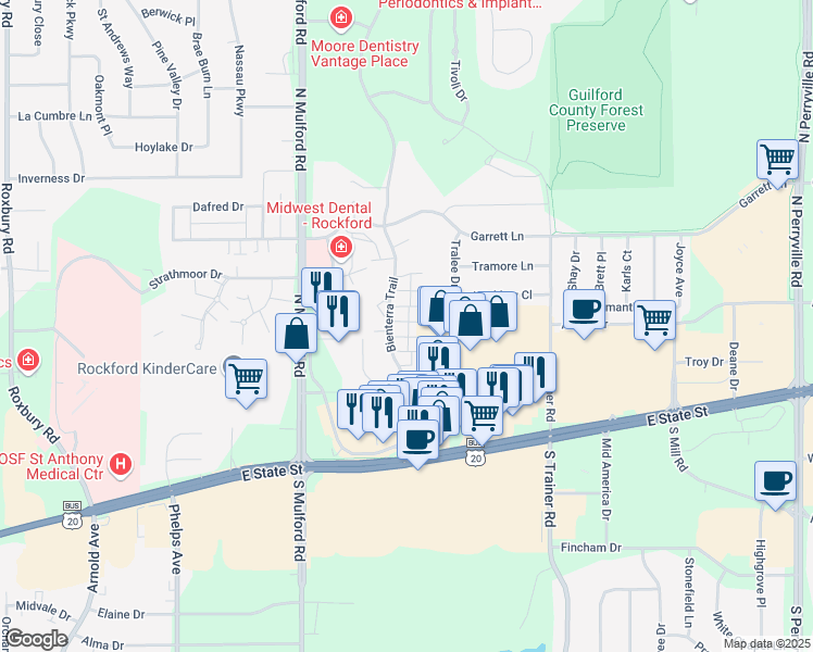 map of restaurants, bars, coffee shops, grocery stores, and more near 375 Bienterra Trail in Rockford