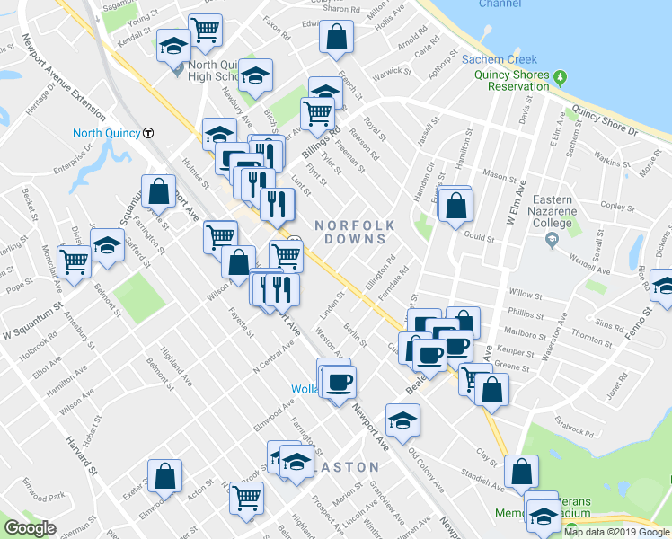 map of restaurants, bars, coffee shops, grocery stores, and more near 20 Cheriton Road in Quincy