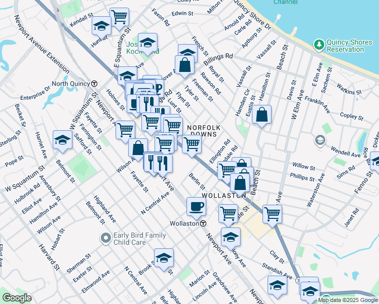 map of restaurants, bars, coffee shops, grocery stores, and more near 500 Hancock Street in Quincy