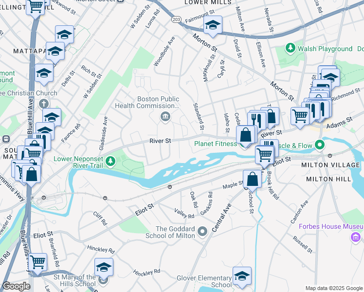 map of restaurants, bars, coffee shops, grocery stores, and more near 224 River Street in Boston