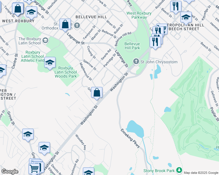 map of restaurants, bars, coffee shops, grocery stores, and more near 28 Vershire Street in Boston