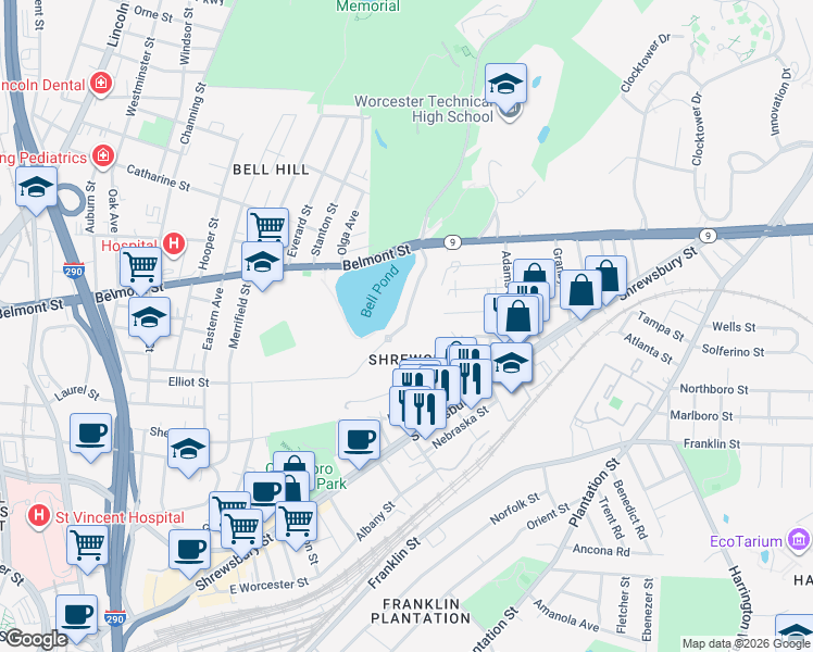 map of restaurants, bars, coffee shops, grocery stores, and more near Seabury Heights in Worcester