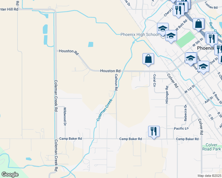 map of restaurants, bars, coffee shops, grocery stores, and more near 3590 Calhoun Road in Medford