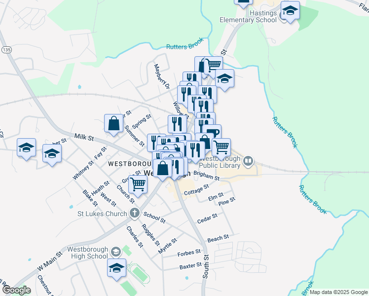 map of restaurants, bars, coffee shops, grocery stores, and more near 27 East Main Street in Westborough