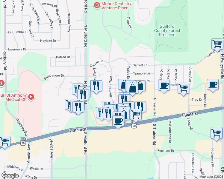 map of restaurants, bars, coffee shops, grocery stores, and more near 311 Bienterra Trail in Rockford