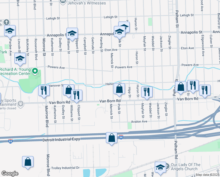 map of restaurants, bars, coffee shops, grocery stores, and more near 5613 Merrick Street in Dearborn Heights