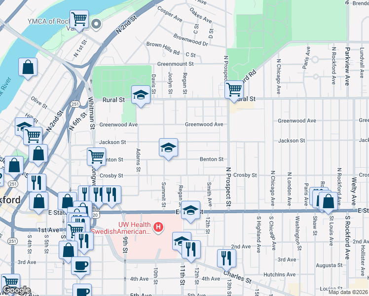 map of restaurants, bars, coffee shops, grocery stores, and more near 1504 Jackson Street in Rockford