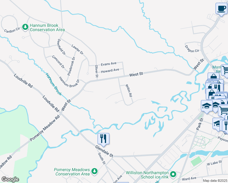 map of restaurants, bars, coffee shops, grocery stores, and more near 7 Oakridge Circle in Easthampton