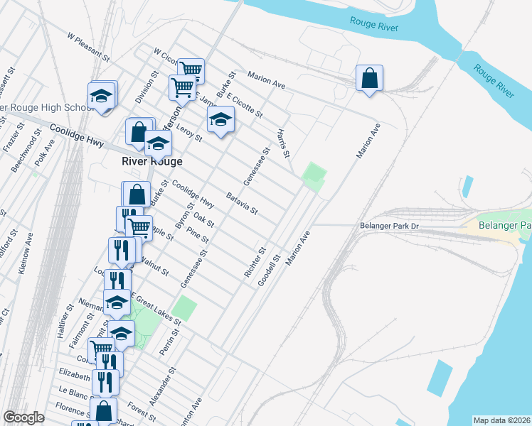 map of restaurants, bars, coffee shops, grocery stores, and more near in River Rouge