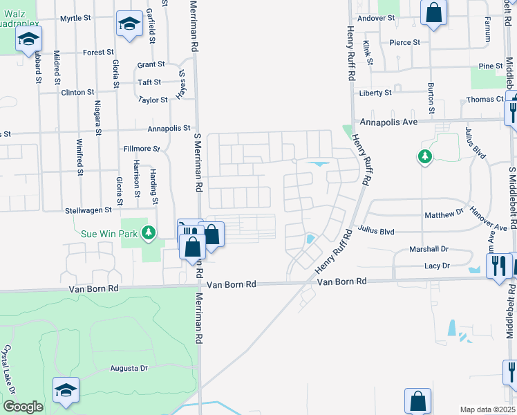 map of restaurants, bars, coffee shops, grocery stores, and more near 701 Redwood Street in Westland