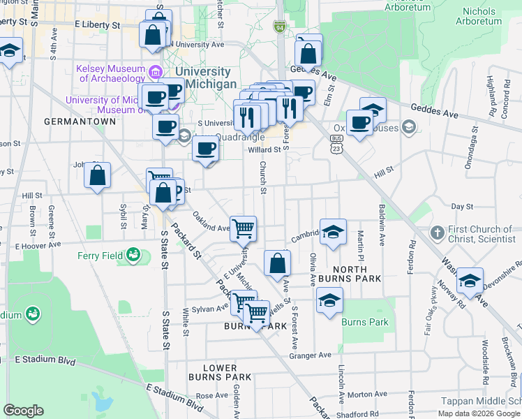 map of restaurants, bars, coffee shops, grocery stores, and more near 814 Church Street in Ann Arbor
