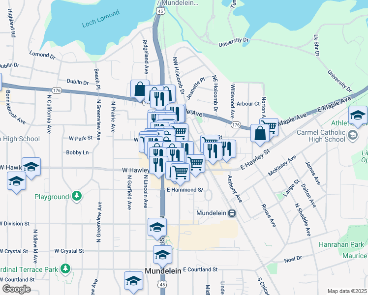 map of restaurants, bars, coffee shops, grocery stores, and more near 108 E Park St in Mundelein