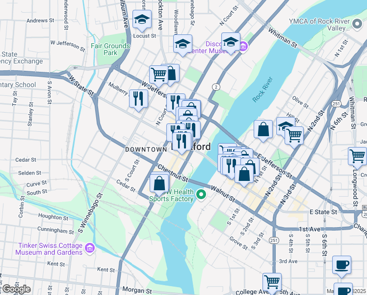 map of restaurants, bars, coffee shops, grocery stores, and more near 118 South Main Street in Rockford