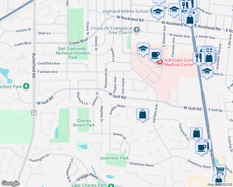 map of restaurants, bars, coffee shops, grocery stores, and more near 813 Hayes Avenue in Libertyville
