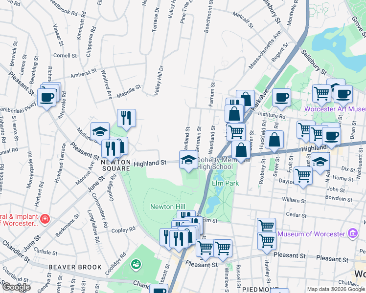 map of restaurants, bars, coffee shops, grocery stores, and more near 7 Haviland Street in Worcester
