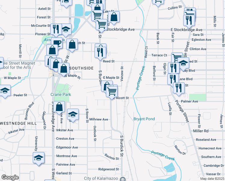 map of restaurants, bars, coffee shops, grocery stores, and more near 136 East Belmont Street in Kalamazoo