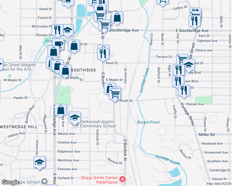 map of restaurants, bars, coffee shops, grocery stores, and more near 136 East Belmont Street in Kalamazoo