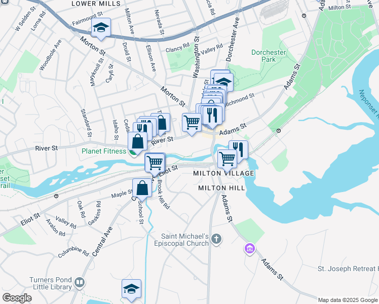 map of restaurants, bars, coffee shops, grocery stores, and more near 428 River Street in Boston
