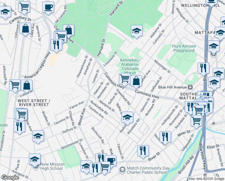 map of restaurants, bars, coffee shops, grocery stores, and more near 220 Kennebec Street in Boston
