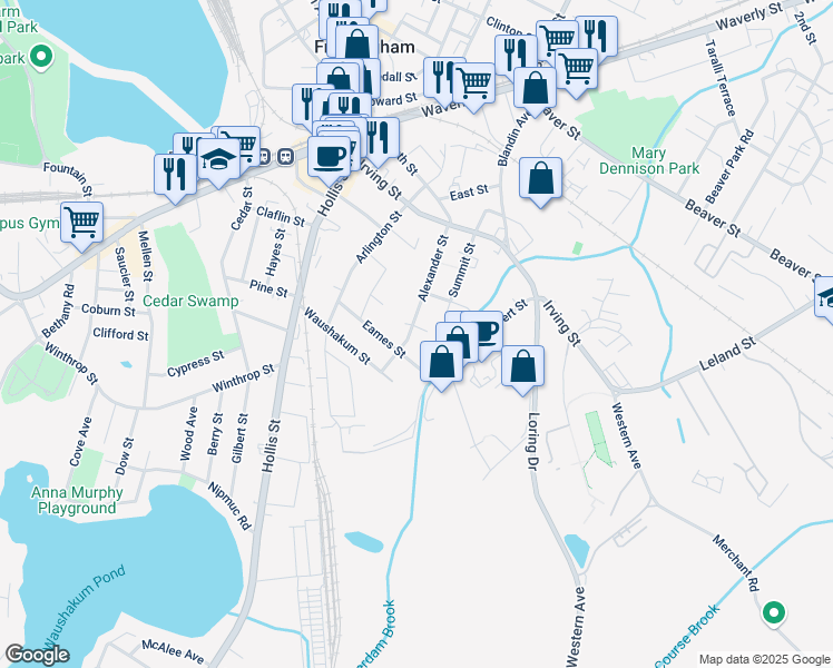 map of restaurants, bars, coffee shops, grocery stores, and more near 81 Summit Street in Framingham