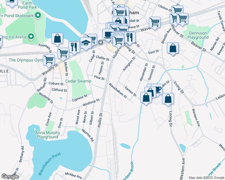 map of restaurants, bars, coffee shops, grocery stores, and more near 22 Waushakum Street in Framingham
