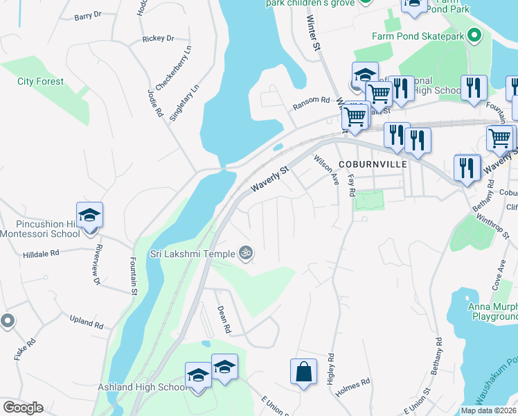 map of restaurants, bars, coffee shops, grocery stores, and more near 47 Vose Street in Framingham