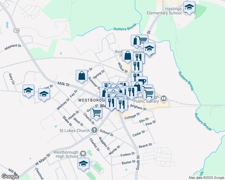 map of restaurants, bars, coffee shops, grocery stores, and more near 3 High Street in Westborough