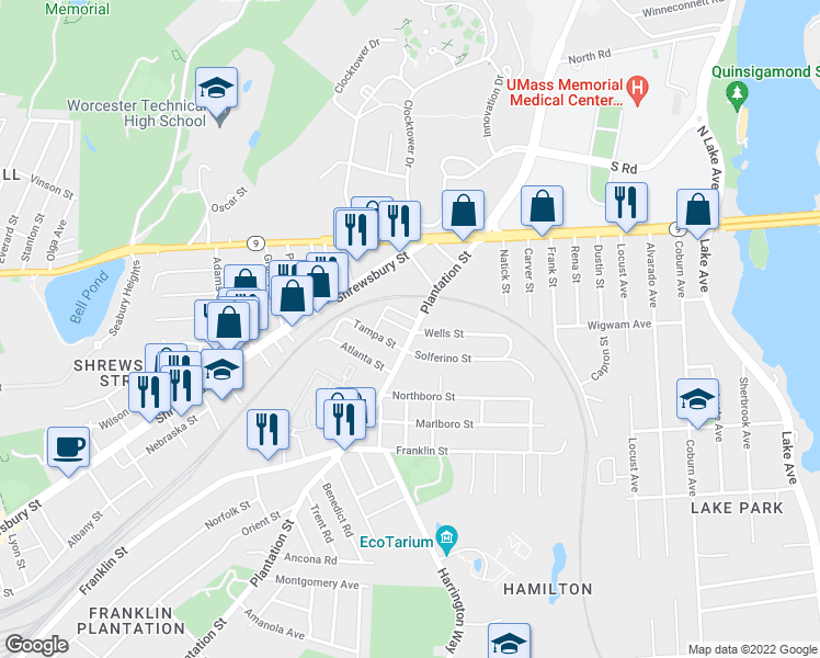 map of restaurants, bars, coffee shops, grocery stores, and more near 335 Plantation Street in Worcester